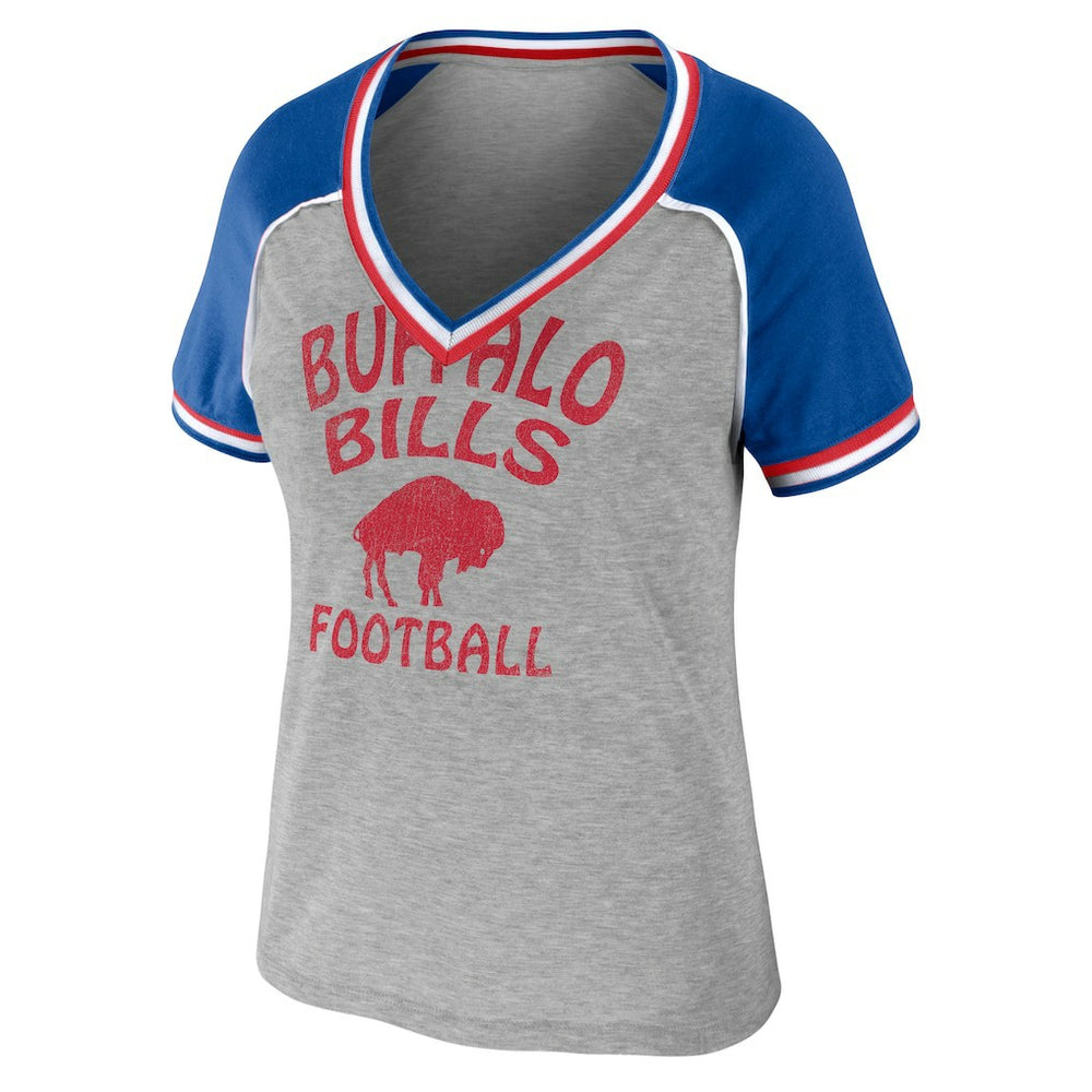 Buffalo Bills WEAR by Erin Andrews Women's Cropped Raglan Throwback V-Neck T-Shirt Heather Gray
