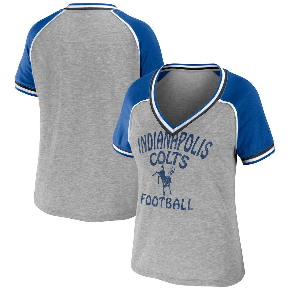 Indianapolis Colts WEAR by Erin Andrews Women's Cropped Raglan Throwback V-Neck T-Shirt Heather Gray