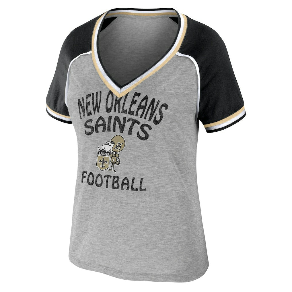 New Orleans Saints WEAR by Erin Andrews Women's Cropped Raglan Throwback V-Neck T-Shirt Heather Gray