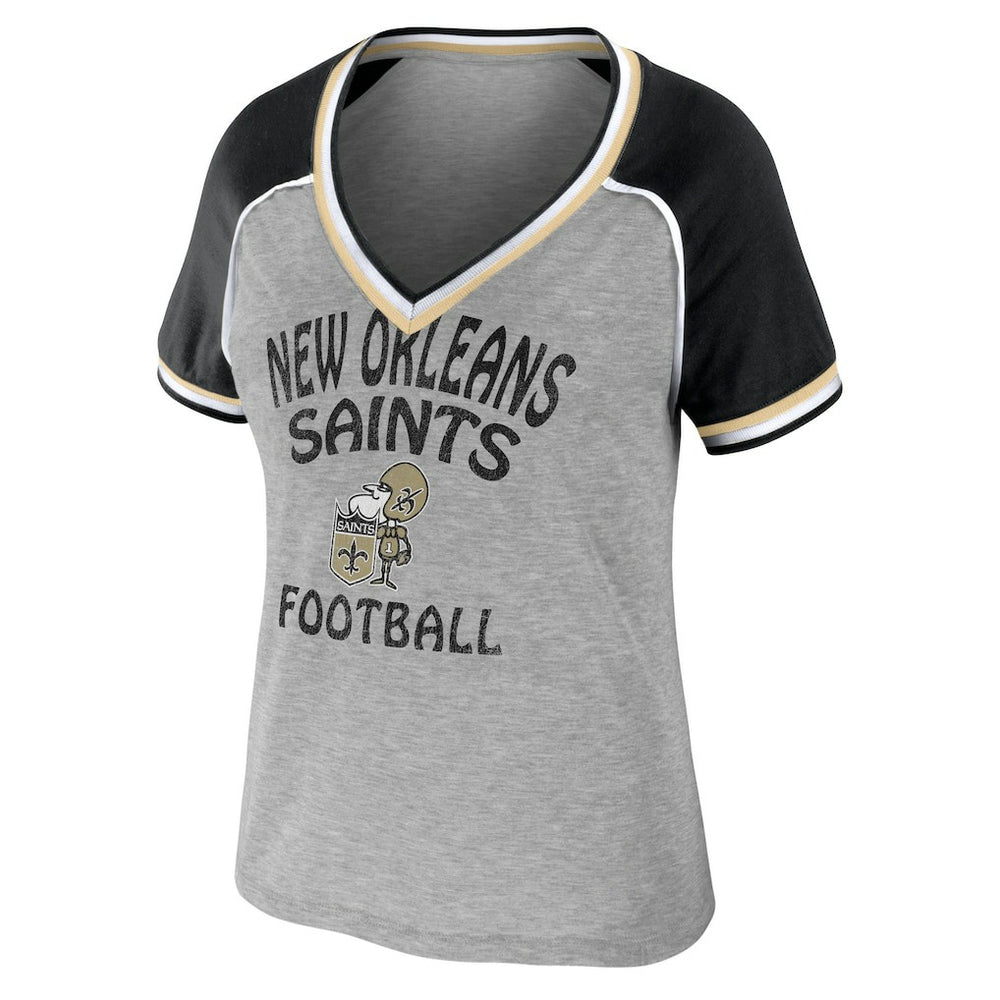 New Orleans Saints WEAR by Erin Andrews Women's Cropped Raglan Throwback V-Neck T-Shirt Heather Gray