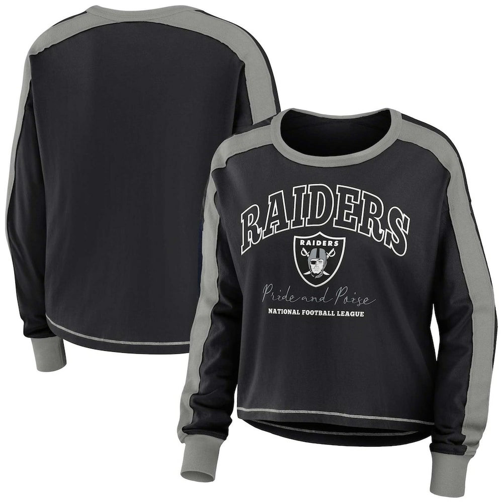 Las Vegas Raiders WEAR by Erin Andrews Women's Color Block Modest Crop Long Sleeve T-Shirt Black/Silver