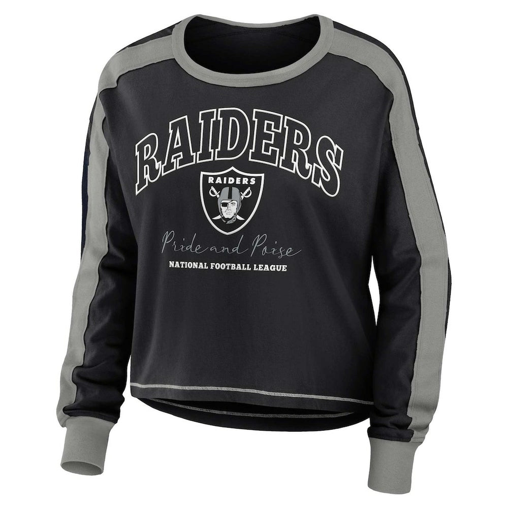 Las Vegas Raiders WEAR by Erin Andrews Women's Color Block Modest Crop Long Sleeve T-Shirt Black/Silver