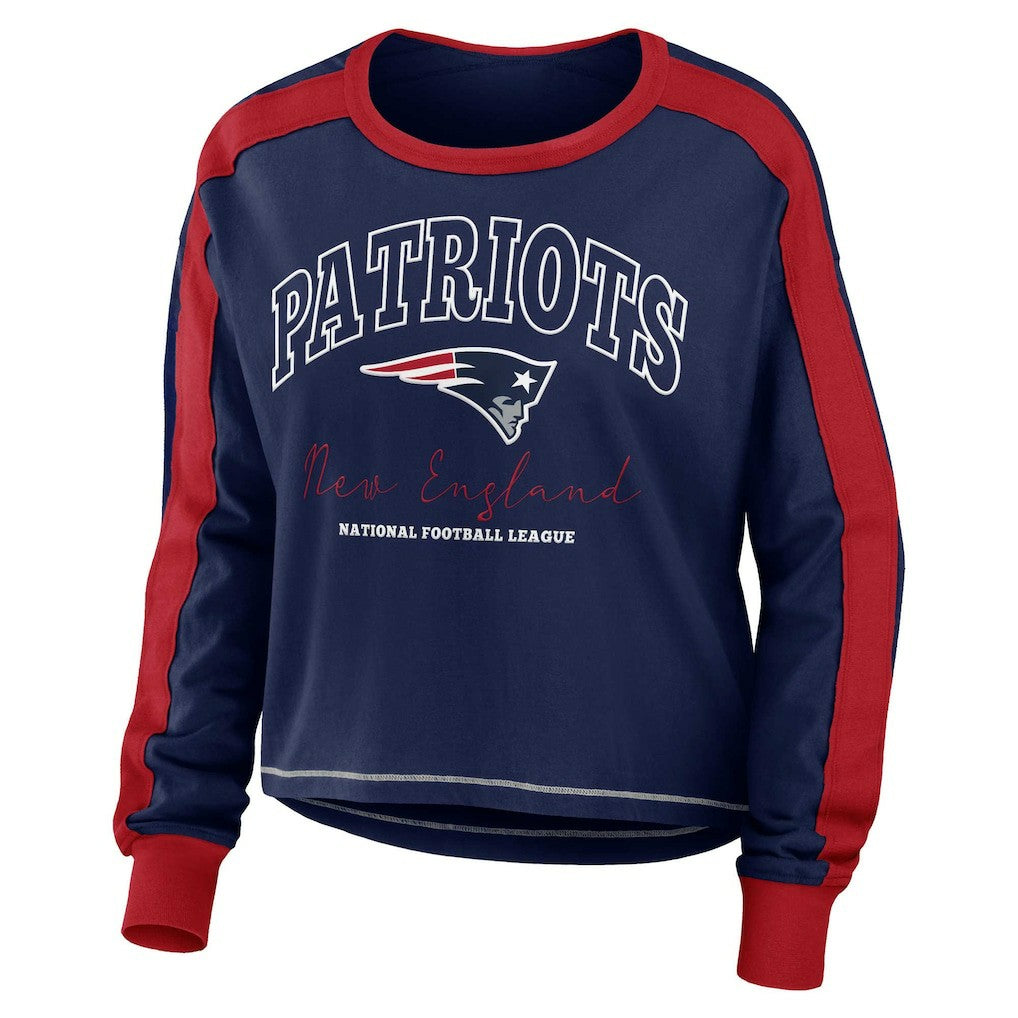 New England Patriots WEAR by Erin Andrews Women's Color Block Modest Crop Long Sleeve T-Shirt Navy/Red
