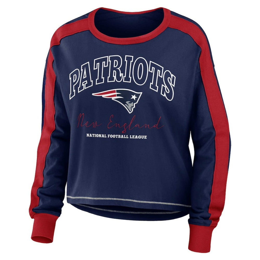 New England Patriots WEAR by Erin Andrews Women's Color Block Modest Crop Long Sleeve T-Shirt Navy/Red