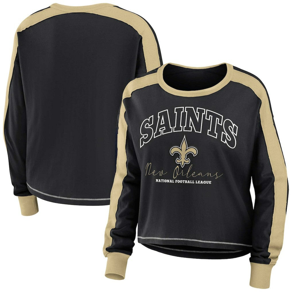 New Orleans Saints WEAR by Erin Andrews Women's Color Block Modest Crop Long Sleeve T-Shirt Black/Gold