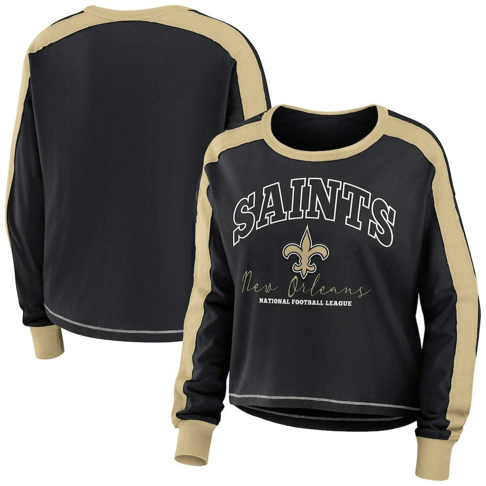New Orleans Saints WEAR by Erin Andrews Women's Color Block Modest Crop Long Sleeve T-Shirt Black/Gold