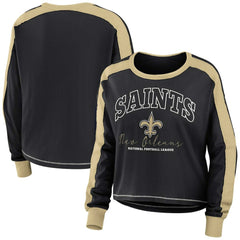 New Orleans Saints WEAR by Erin Andrews Women's Color Block Modest Crop Long Sleeve T-Shirt Black/Gold