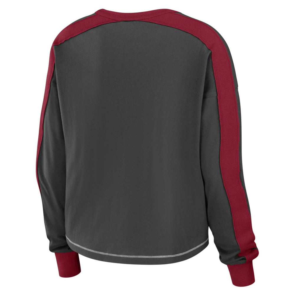 Tampa Bay Buccaneers WEAR by Erin Andrews Women's Color Block Modest Crop Long Sleeve T-Shirt Pewter/Red