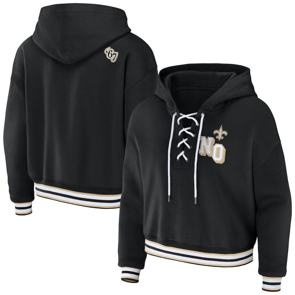 New Orleans Saints WEAR by Erin Andrews Women's Lace-Up Pullover Hoodie Black