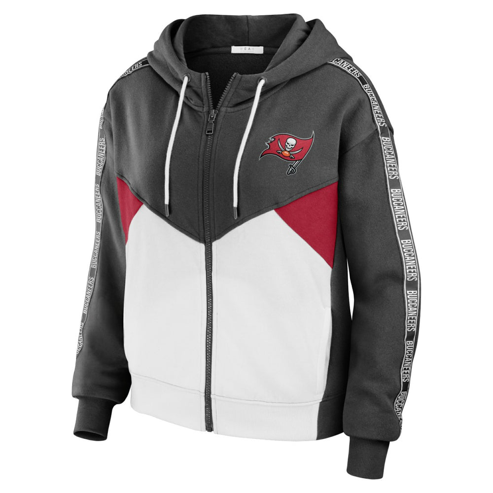 Tampa Bay Buccaneers WEAR by Erin Andrews Women's Color Block Light Weight Modest Crop Full-Zip Hoodie Pewter/White