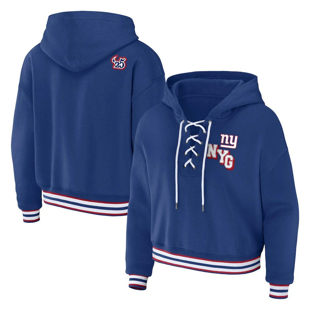 New York Giants WEAR by Erin Andrews Women's Plus Size Lace-Up Pullover Hoodie Royal