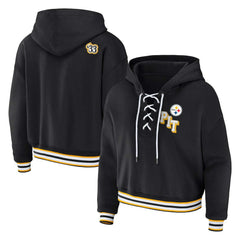 Pittsburgh Steelers WEAR by Erin Andrews Women's Plus Size Lace-Up Pullover Hoodie Black