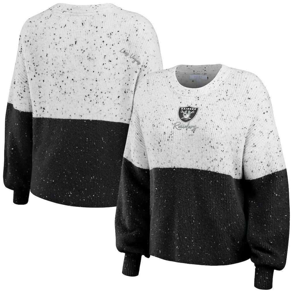 Las Vegas Raiders WEAR by Erin Andrews Women's Lighweight Modest Crop Color-Block Pullover Sweater White/Black