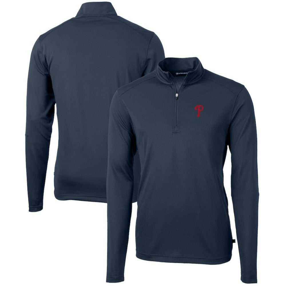 Philadelphia Phillies Cutter & Buck Virtue Eco Pique Recycled Quarter-Zip Pullover Top - Navy - MLB Lifestyle