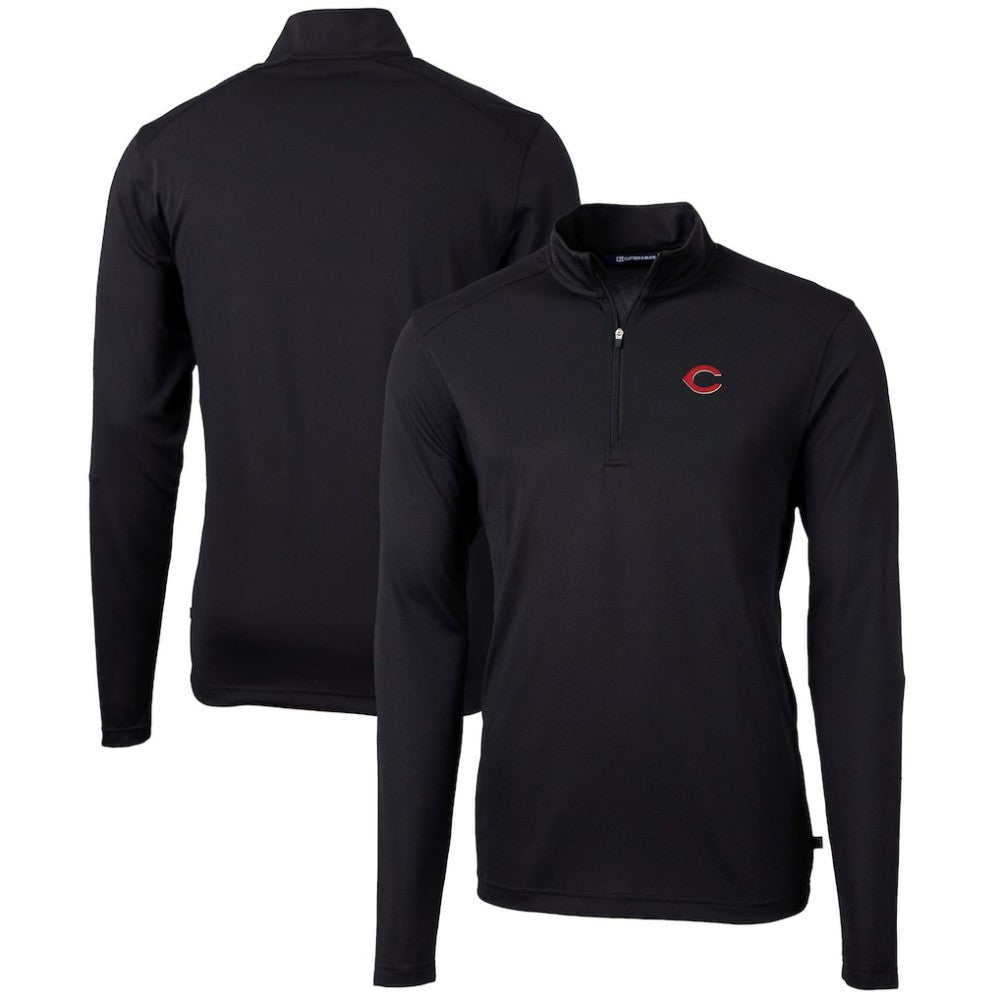 Cincinnati Reds Cutter & Buck Virtue Eco Pique Recycled Quarter-Zip Pullover Top - Black - MLB Lifestyle