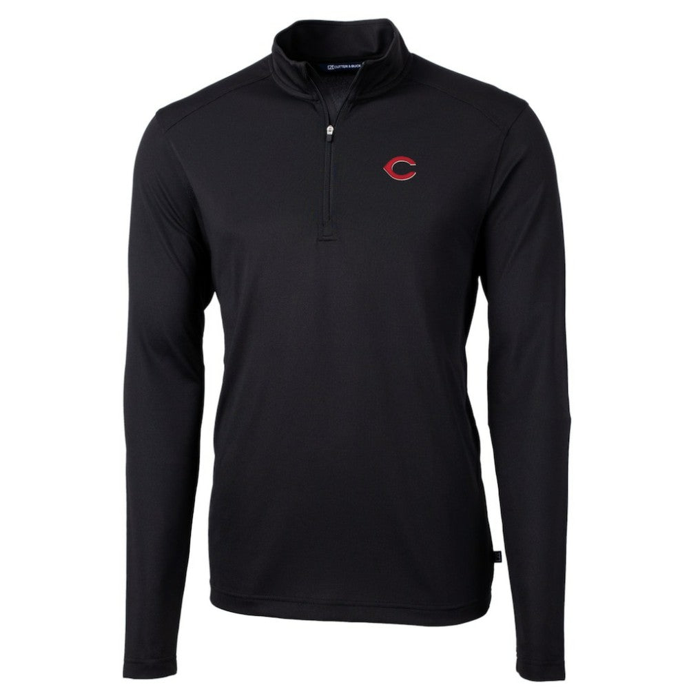 Cincinnati Reds Cutter & Buck Virtue Eco Pique Recycled Quarter-Zip Pullover Top - Black - MLB Lifestyle