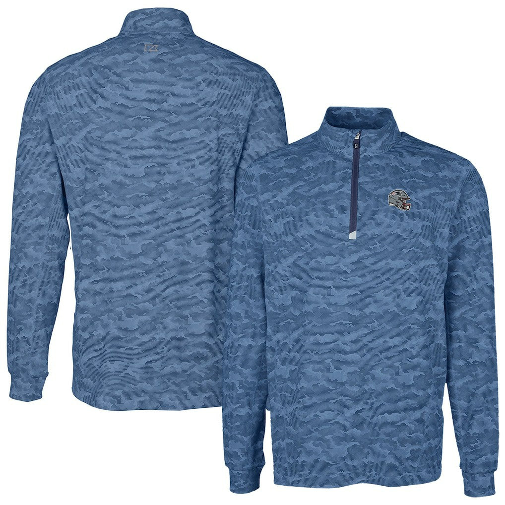 New England Patriots Cutter & Buck Helmet Traverse Camo Print Stretch Quarter-Zip Pullover Top Navy
