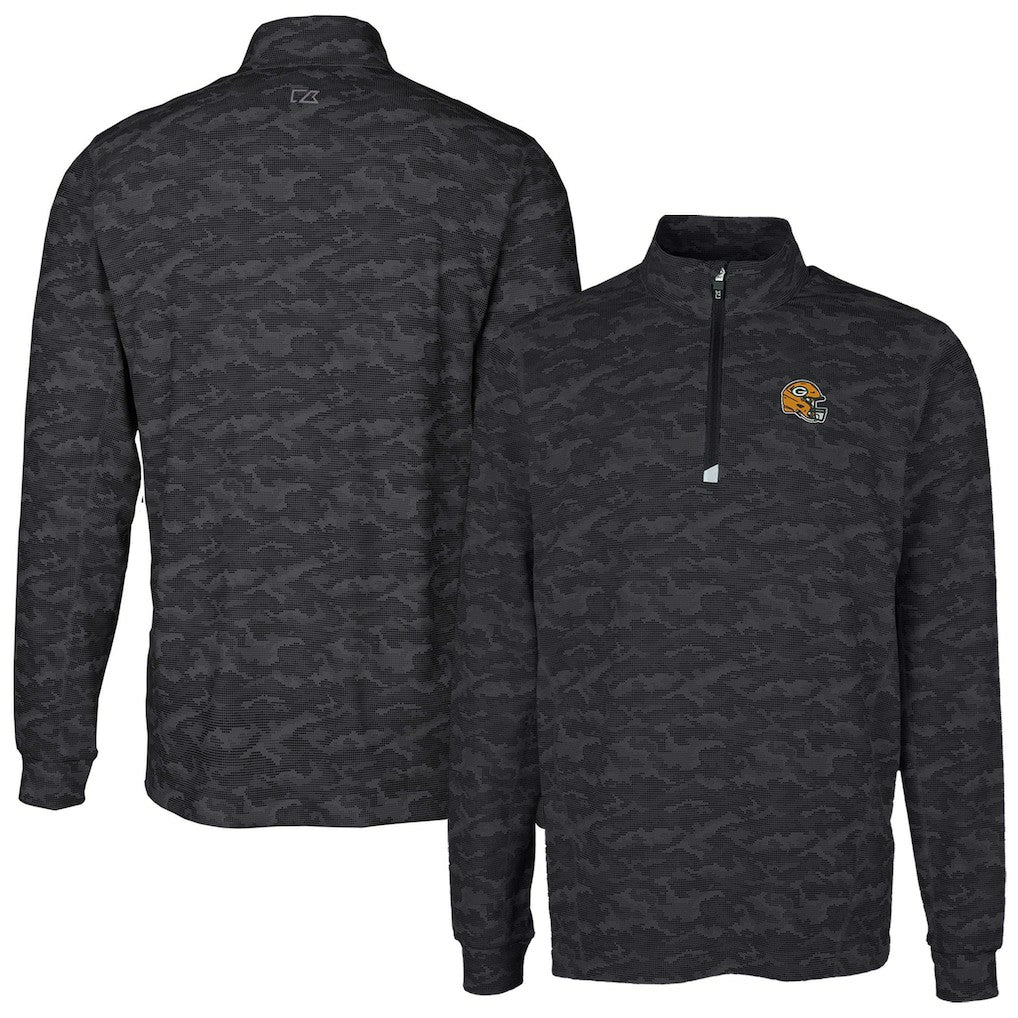 Green Bay Packers Cutter & Buck Helmet Traverse Camo Print Stretch Quarter-Zip Pullover Top Black