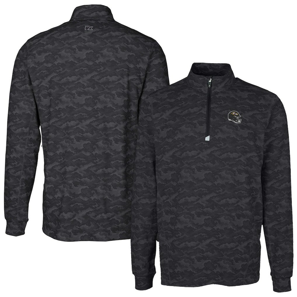 Baltimore Ravens Cutter & Buck Helmet Traverse Camo Print Stretch Quarter-Zip Pullover Top Black