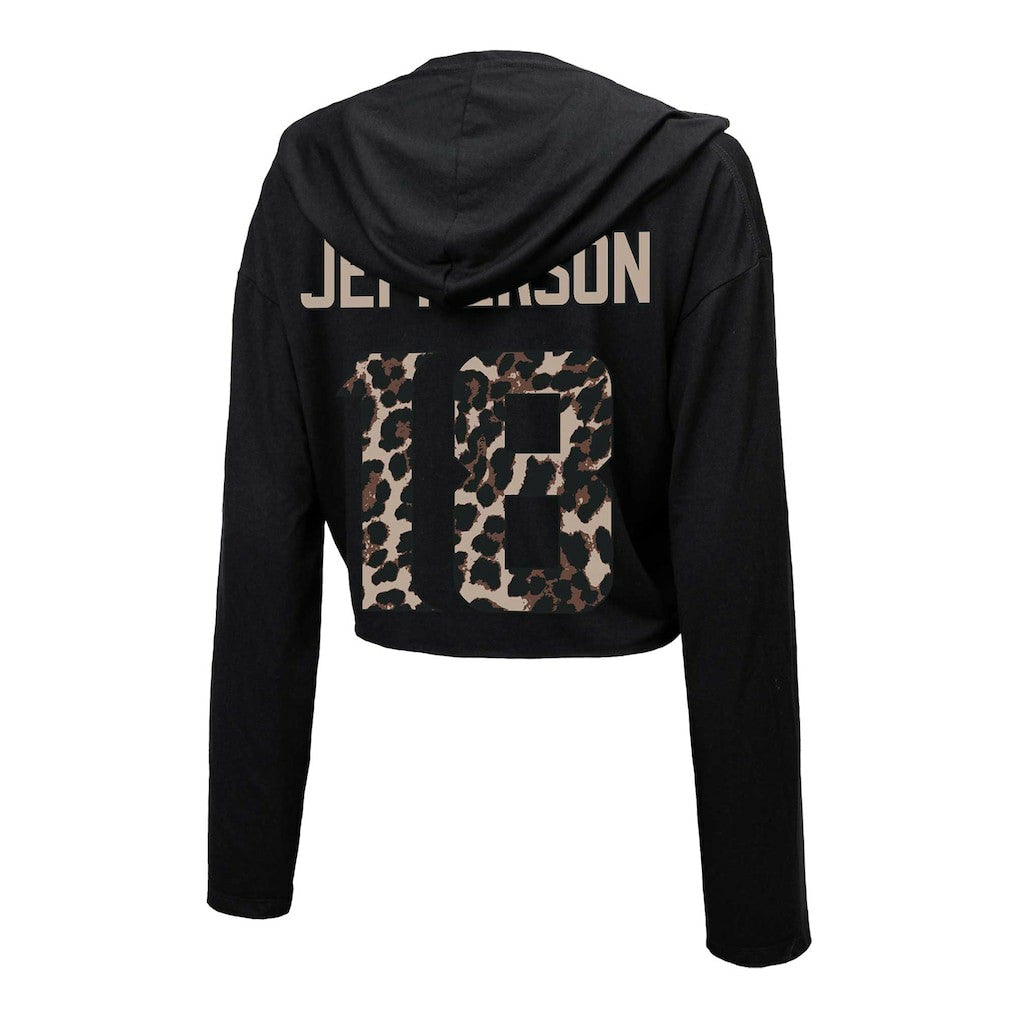 Justin Jefferson Minnesota Vikings Majestic Threads Women's Leopard Player Name & Number Long Sleeve Cropped Hoodie Black