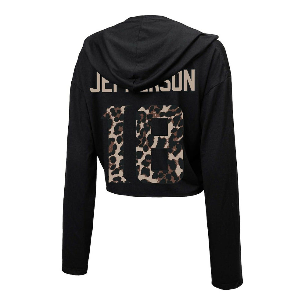 Justin Jefferson Minnesota Vikings Majestic Threads Women's Leopard Player Name & Number Long Sleeve Cropped Hoodie Black