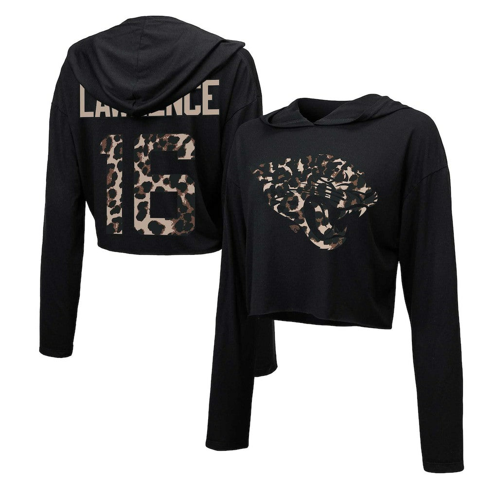 Trevor Lawrence Jacksonville Jaguars Majestic Threads Women's Leopard Player Name & Number Long Sleeve Cropped Hoodie Black
