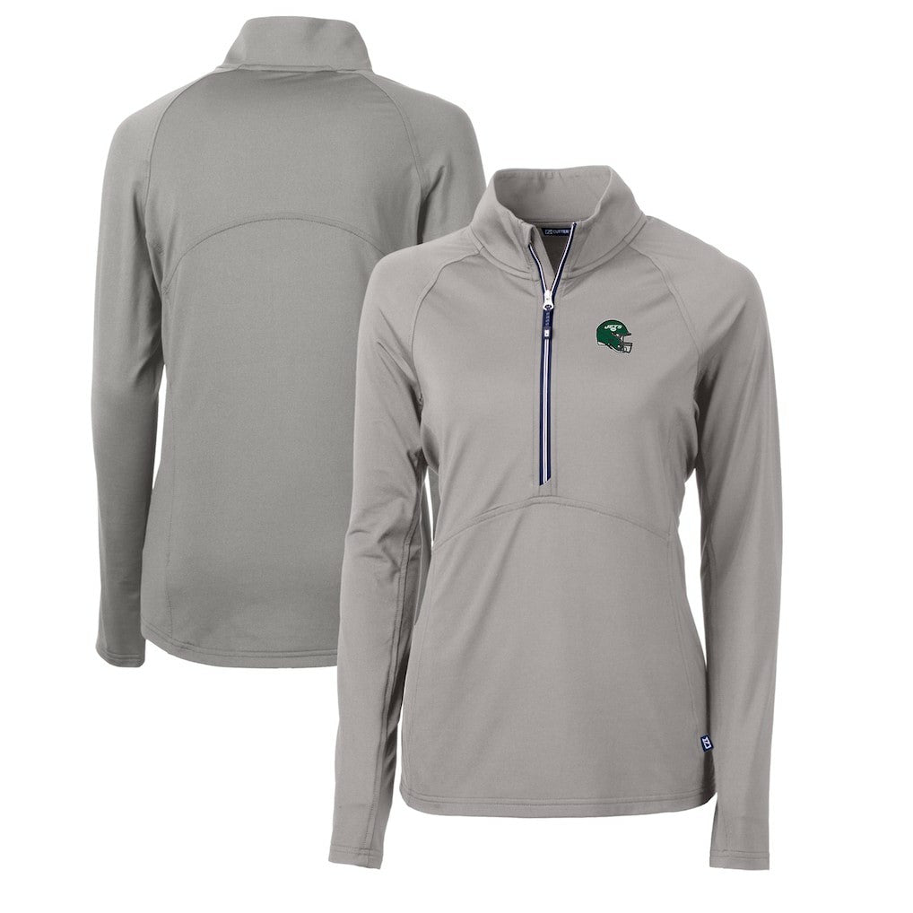 New York Jets Cutter & Buck Women's Helmet Logo Adapt Eco Knit Stretch Recycled Half-Zip Pullover Top Gray