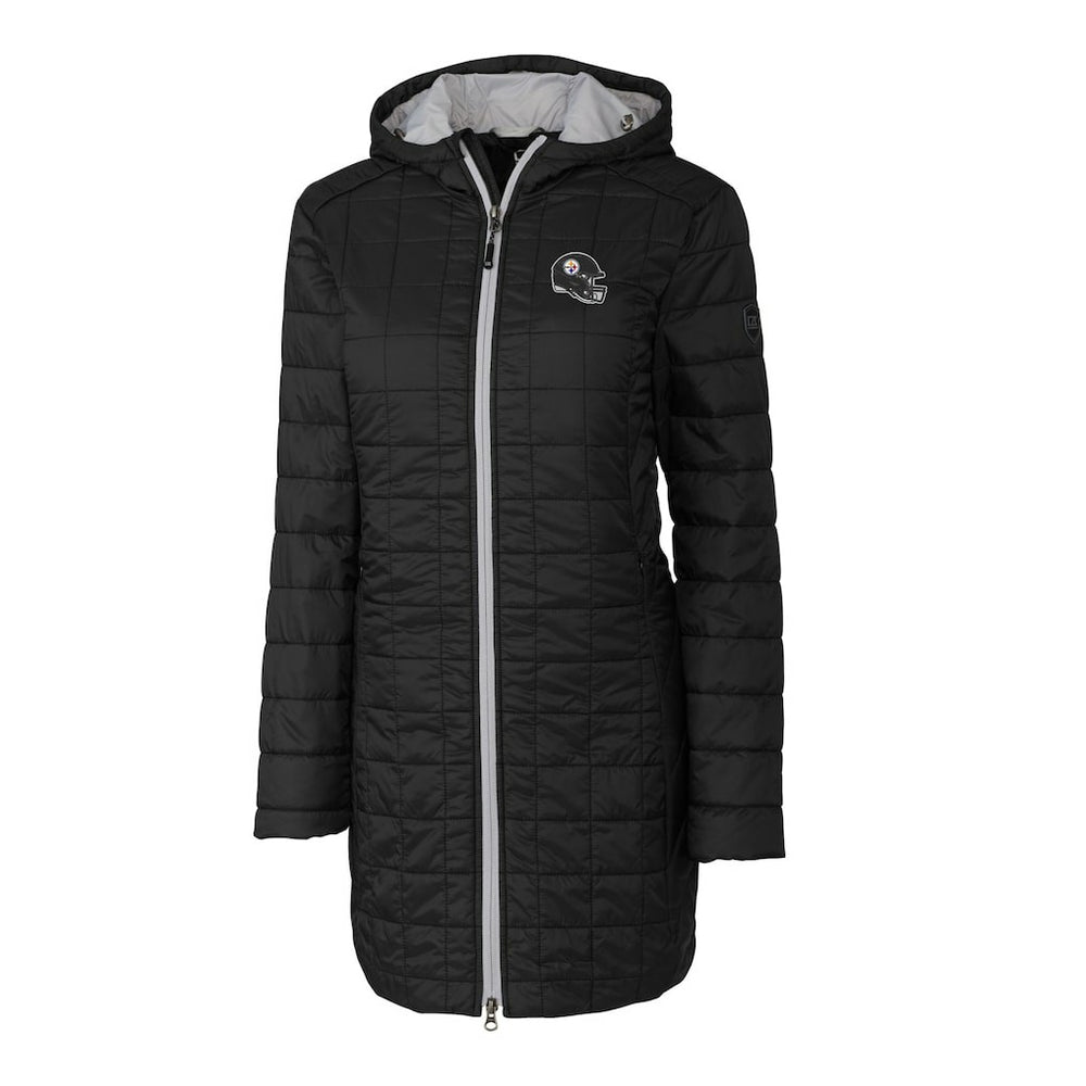 Pittsburgh Steelers Cutter & Buck Women's Helmet Logo Rainier Primaloft Eco Insulated Hooded Long Coat Black
