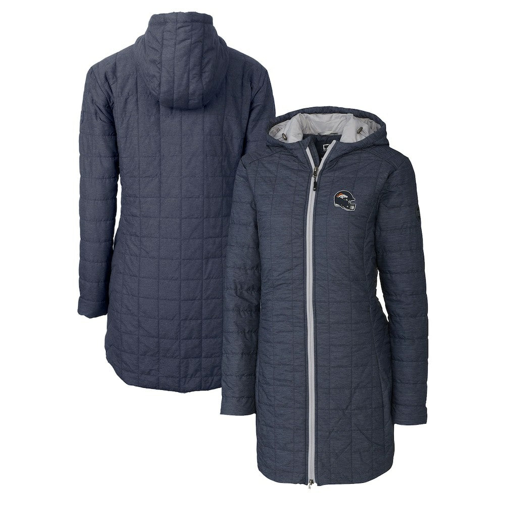 Denver Broncos Cutter & Buck Women's Helmet Logo Rainier Primaloft Eco Insulated Hooded Long Coat Heather Navy