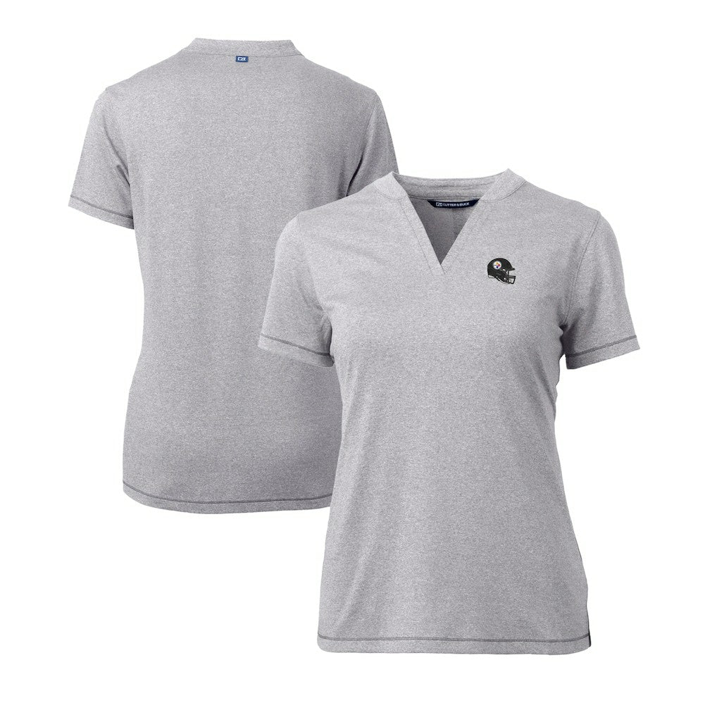 Pittsburgh Steelers Cutter & Buck Women's Helmet Logo DryTec Forge Stretch V-Neck Blade Top Heather Gray