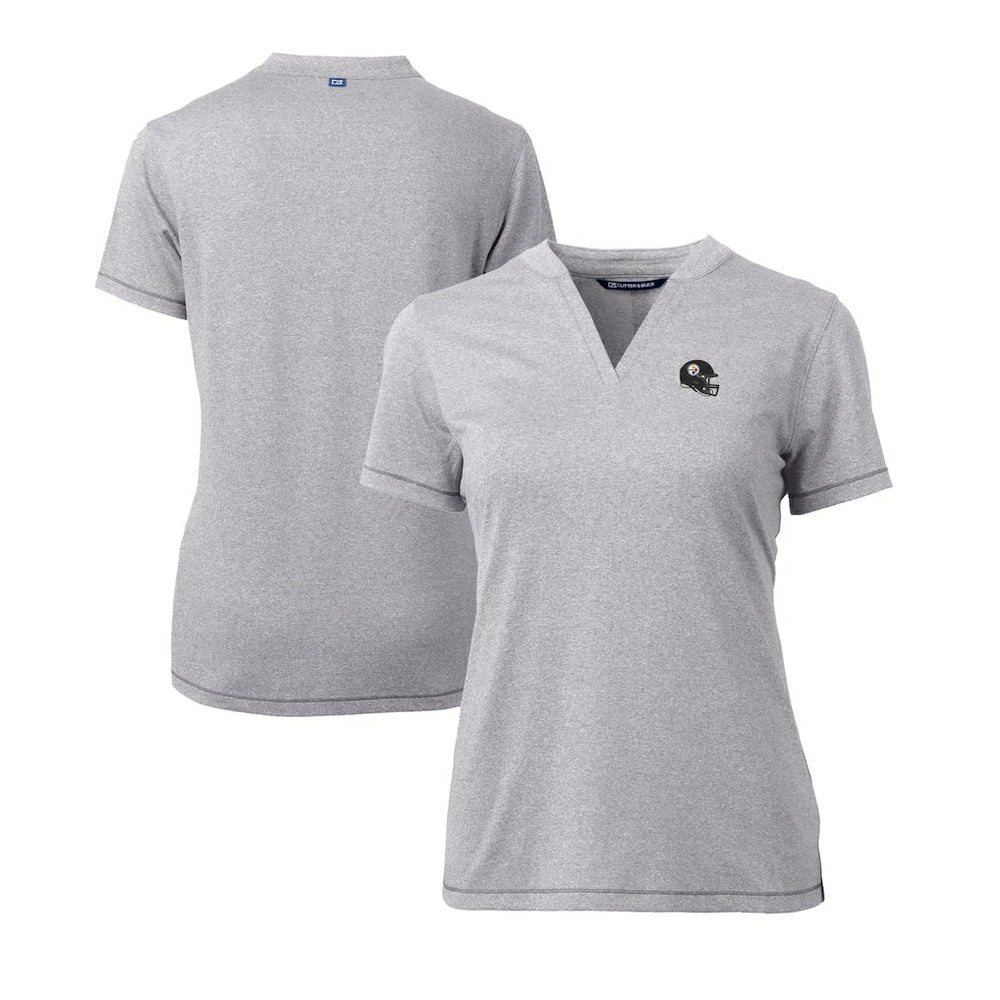 Pittsburgh Steelers Cutter & Buck Women's Helmet Logo DryTec Forge Stretch V-Neck Blade Top Heather Gray