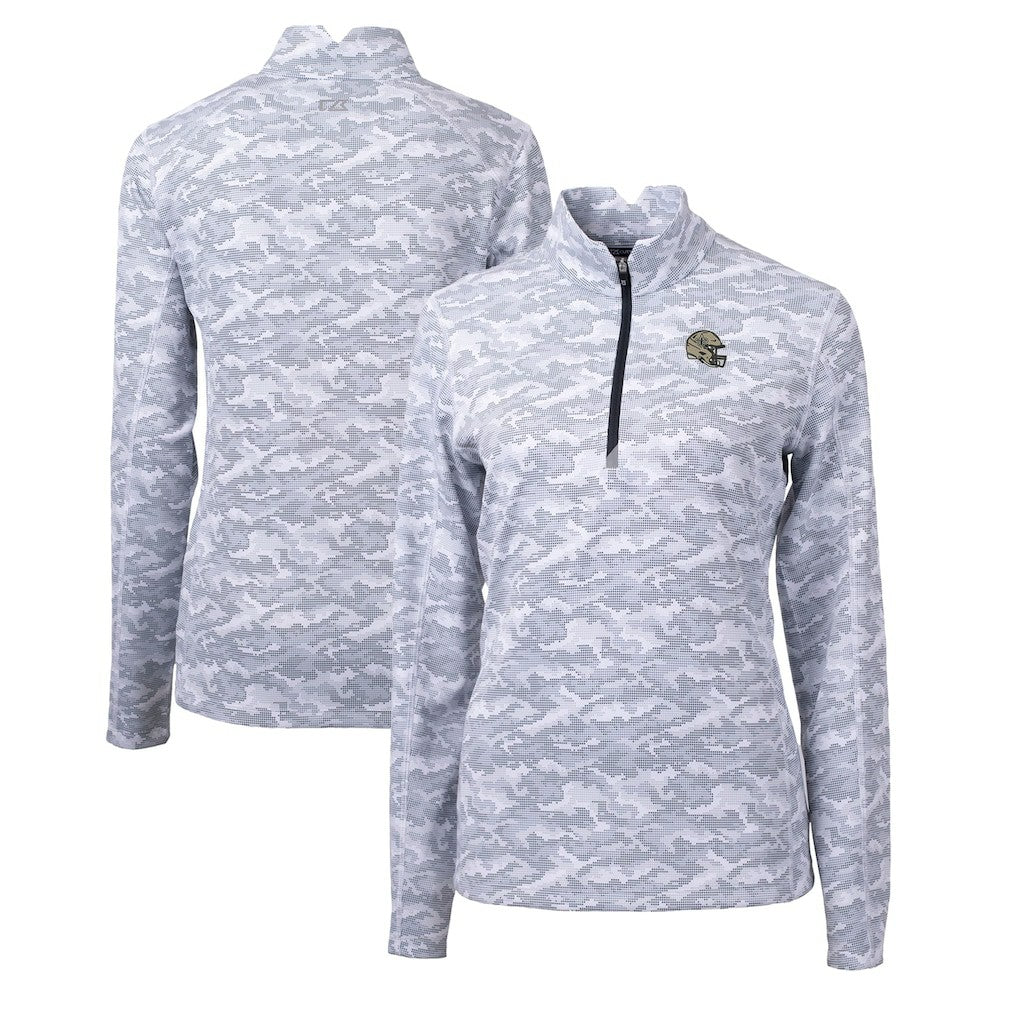 New Orleans Saints Cutter & Buck Women's Helmet Logo Traverse Camo Print Stretch Quarter-Zip Pullover Top Charcoal