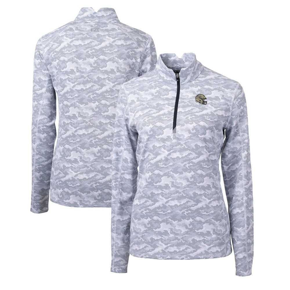 New Orleans Saints Cutter & Buck Women's Helmet Logo Traverse Camo Print Stretch Quarter-Zip Pullover Top Charcoal