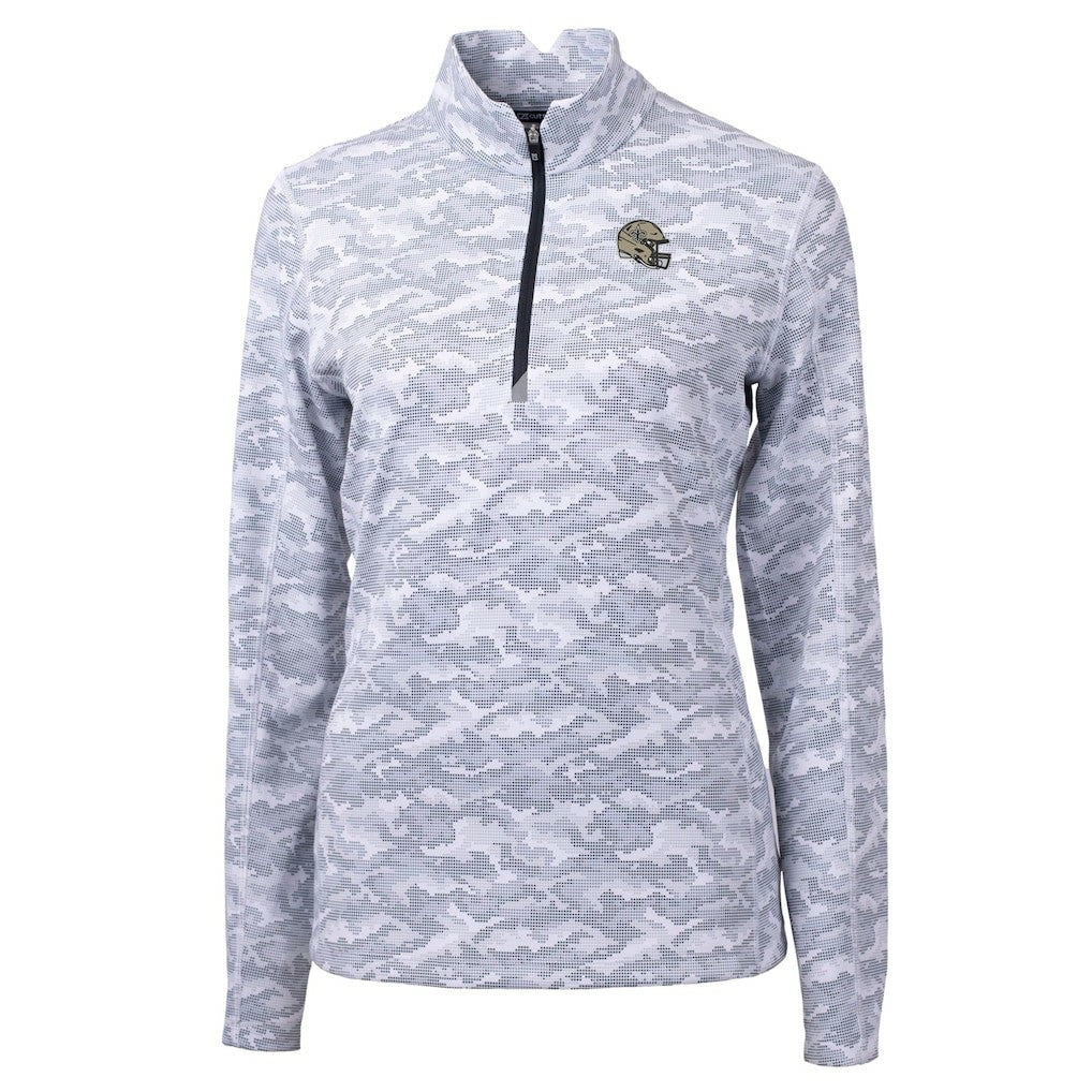 New Orleans Saints Cutter & Buck Women's Helmet Logo Traverse Camo Print Stretch Quarter-Zip Pullover Top Charcoal