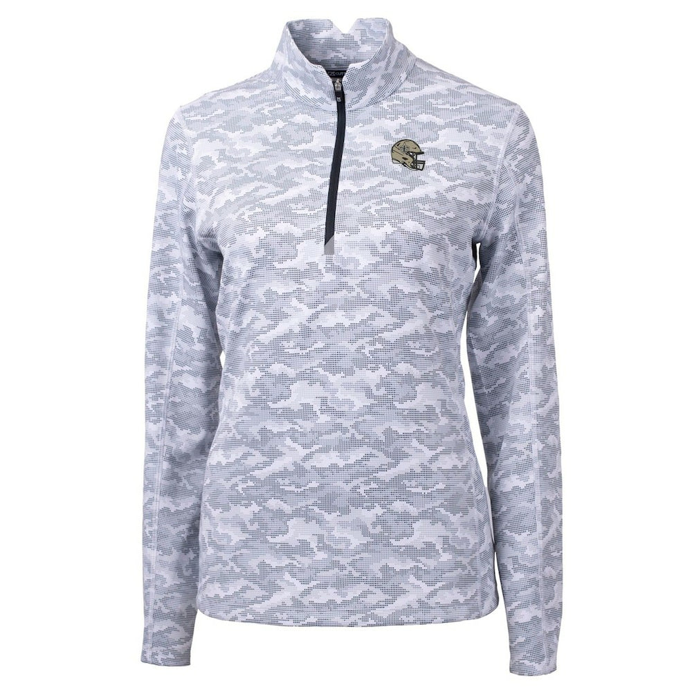 New Orleans Saints Cutter & Buck Women's Helmet Logo Traverse Camo Print Stretch Quarter-Zip Pullover Top Charcoal