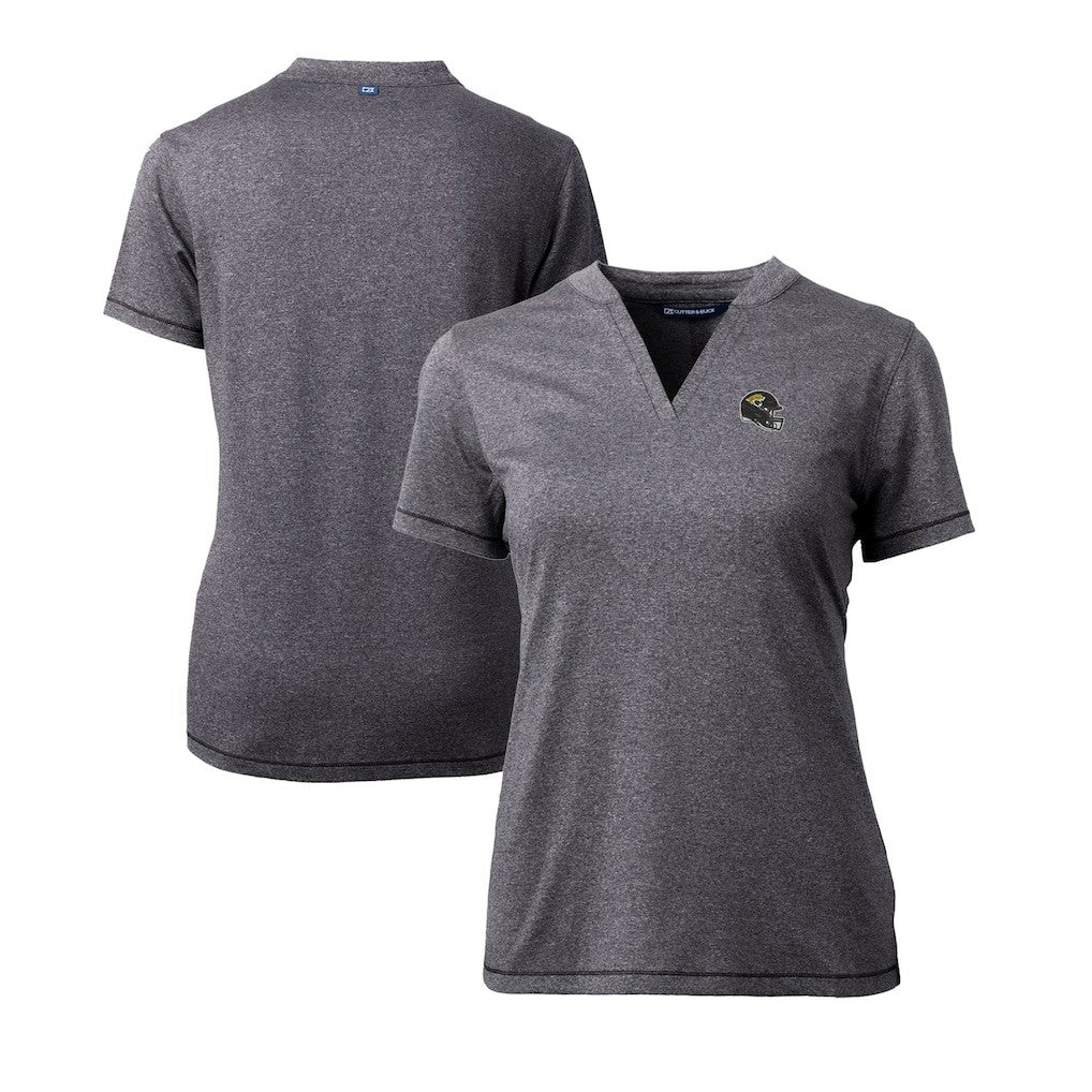 Jacksonville Jaguars Cutter & Buck Women's Helmet Logo DryTec Forge Stretch V-Neck Blade Top Heather Charcoal