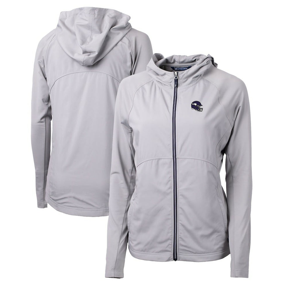 Minnesota Vikings Cutter & Buck Women's Helmet Logo Adapt Eco Knit Hybrid Recycled Full-Zip Hoodie Heather Gray
