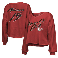 Patrick Mahomes Kansas City Chiefs Majestic Threads Women's Name & Number Off-Shoulder Script Cropped Long Sleeve Relaxed V-Neck T-Shirt Red