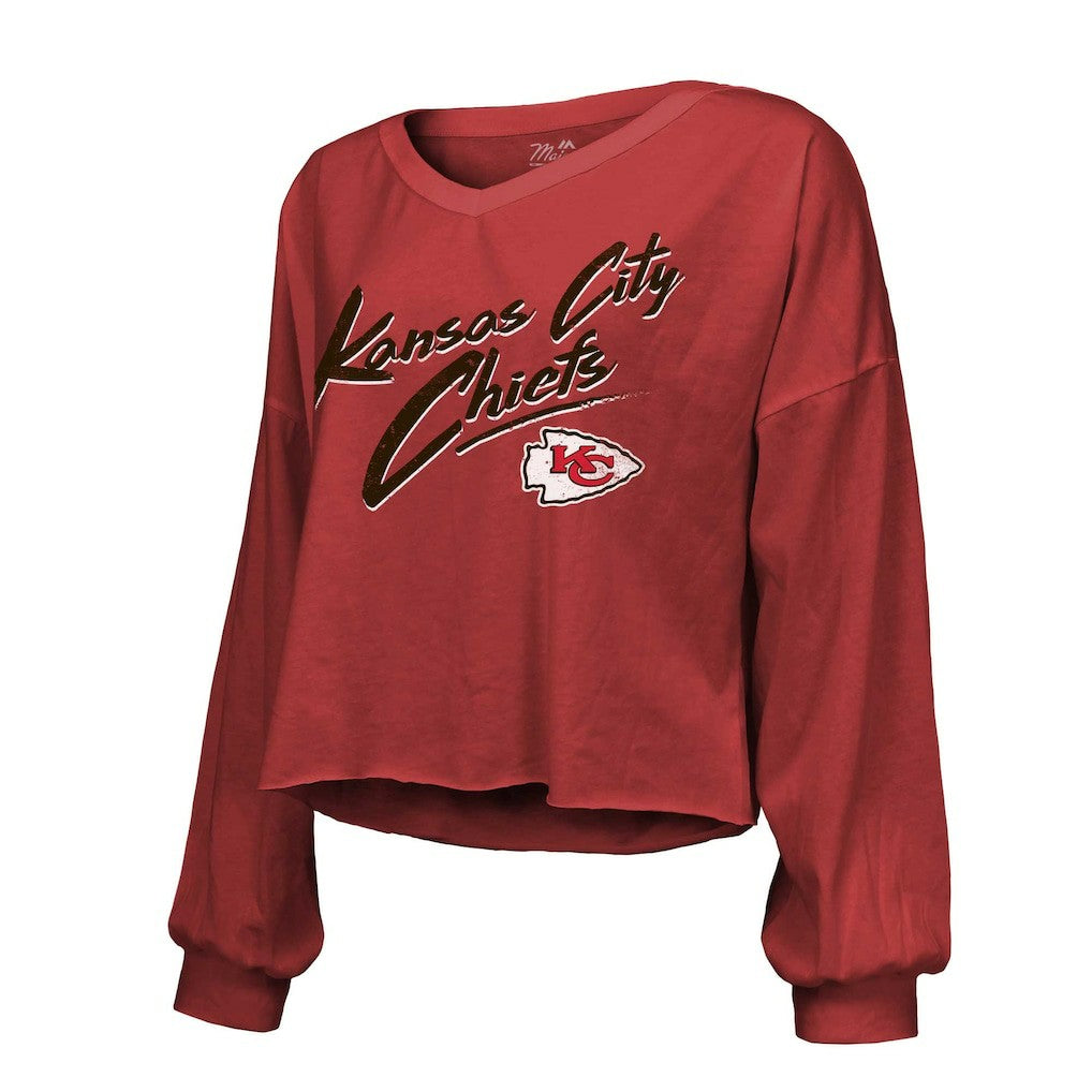 Patrick Mahomes Kansas City Chiefs Majestic Threads Women's Name & Number Off-Shoulder Script Cropped Long Sleeve Relaxed V-Neck T-Shirt Red
