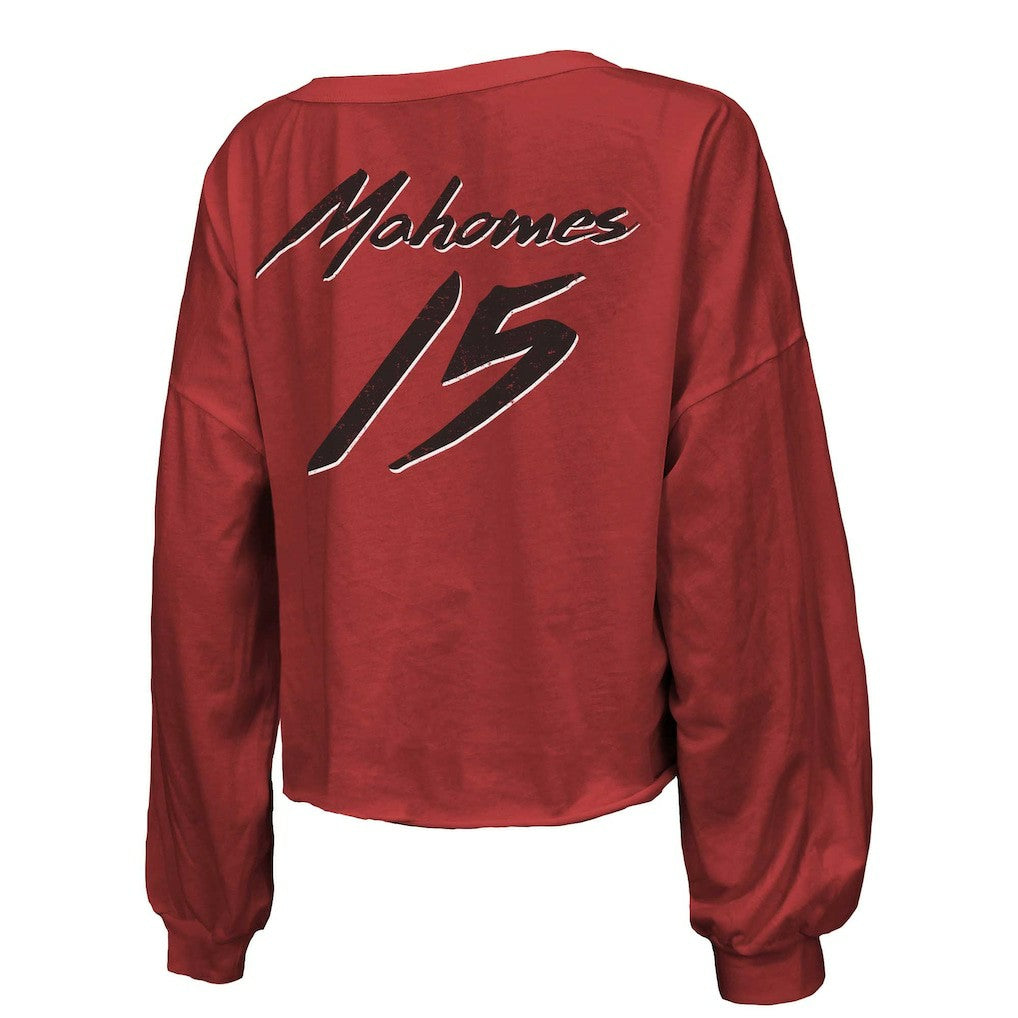 Patrick Mahomes Kansas City Chiefs Majestic Threads Women's Name & Number Off-Shoulder Script Cropped Long Sleeve Relaxed V-Neck T-Shirt Red