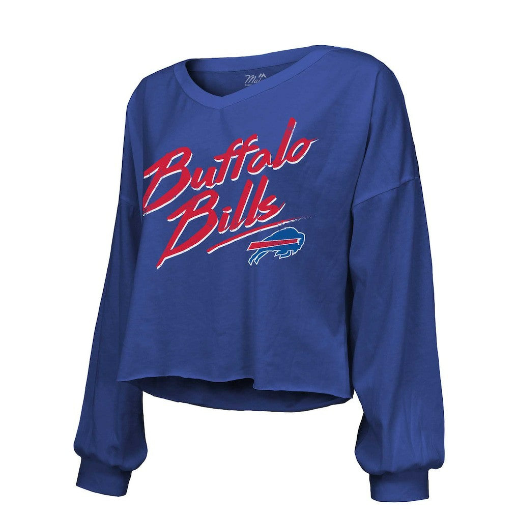Josh Allen Buffalo Bills Majestic Threads Women's Name & Number Off-Shoulder Script Cropped Long Sleeve Relaxed V-Neck T-Shirt Royal