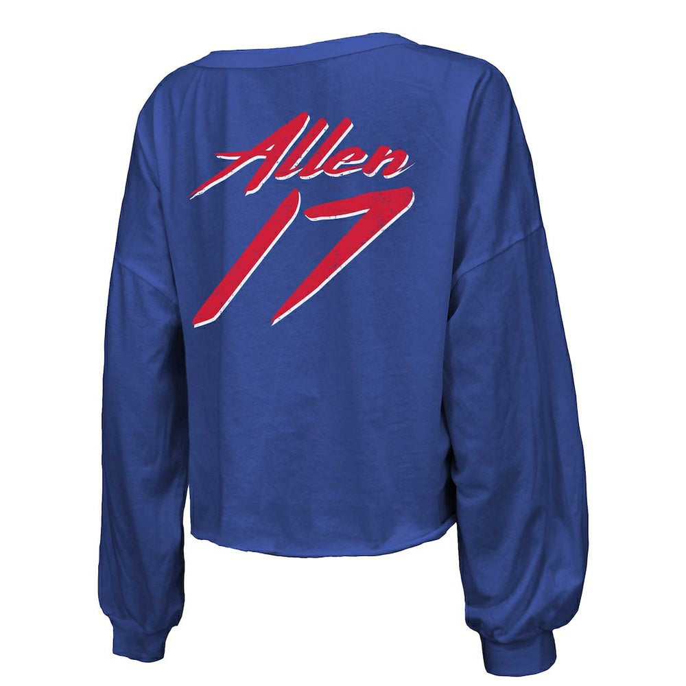 Josh Allen Buffalo Bills Majestic Threads Women's Name & Number Off-Shoulder Script Cropped Long Sleeve Relaxed V-Neck T-Shirt Royal