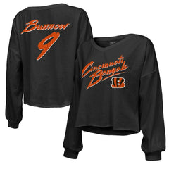 Joe Burrow Cincinnati Bengals Majestic Threads Women's Name & Number Off-Shoulder Script Cropped Long Sleeve Relaxed V-Neck T-Shirt Black