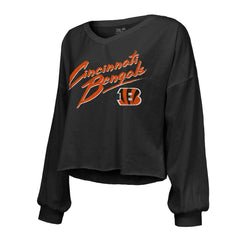 Joe Burrow Cincinnati Bengals Majestic Threads Women's Name & Number Off-Shoulder Script Cropped Long Sleeve Relaxed V-Neck T-Shirt Black