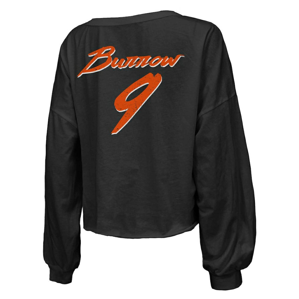 Joe Burrow Cincinnati Bengals Majestic Threads Women's Name & Number Off-Shoulder Script Cropped Long Sleeve Relaxed V-Neck T-Shirt Black