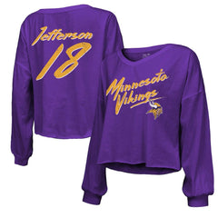 Justin Jefferson Minnesota Vikings Majestic Threads Women's Name & Number Off-Shoulder Script Cropped Long Sleeve V-Neck T-Shirt Purple