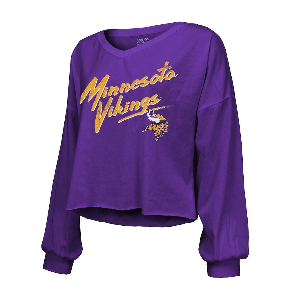 Justin Jefferson Minnesota Vikings Majestic Threads Women's Name & Number Off-Shoulder Script Cropped Long Sleeve V-Neck T-Shirt Purple