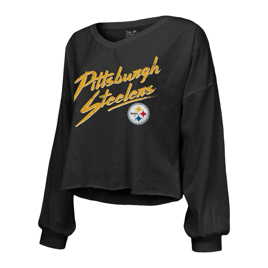T.J. Watt Pittsburgh Steelers Majestic Threads Women's Name & Number Off-Shoulder Script Cropped Long Sleeve Relaxed V-Neck T-Shirt Black