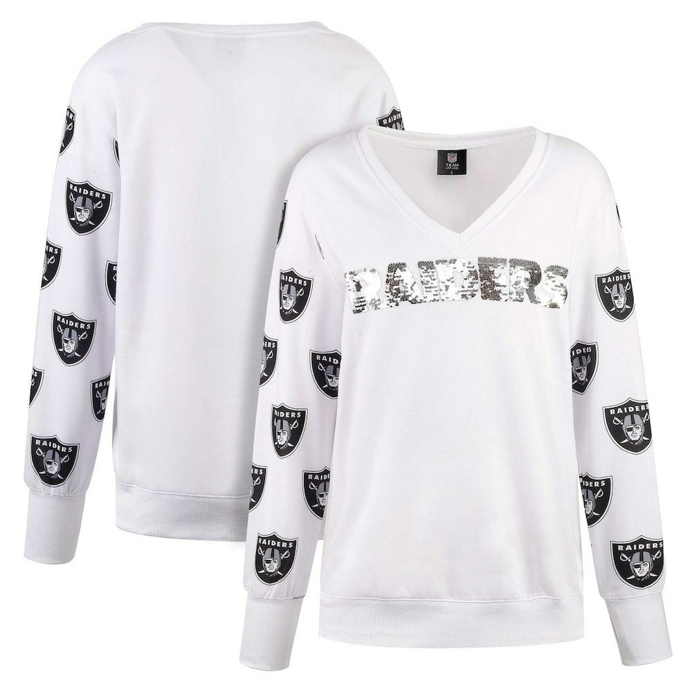 Las Vegas Raiders Cuce Women's Sequin Fleece V-Neck T-Shirt White