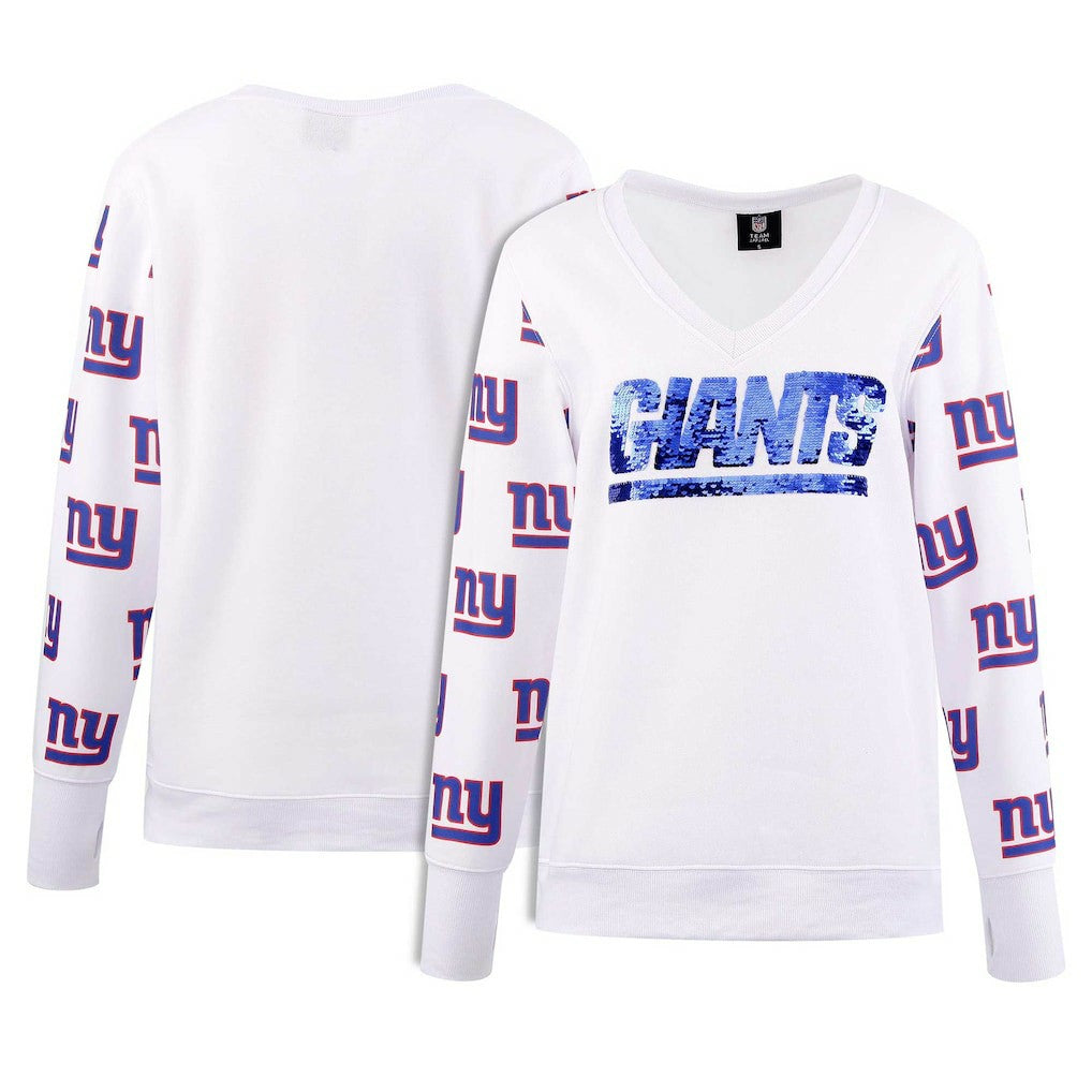 New York Giants Cuce Women's Sequin Fleece V-Neck T-Shirt White
